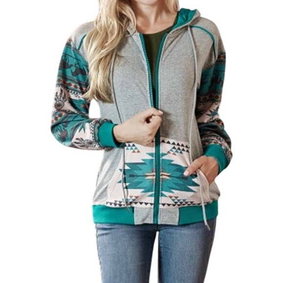 American Bling Hoodie Jacket XL Gray Aztec‎ Drawstring Zip Up Sweatshirt Outdoor - Picture 1 of 12